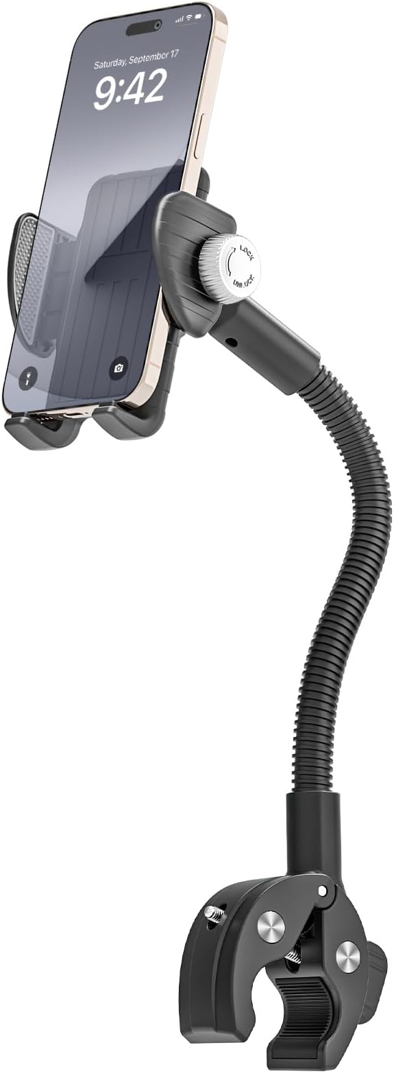 Bike Phone Mount, 360° Adjustable Gooseneck Universal Handlebar Phone Holder, Tool-Free Installation for Bicycle Scooter Stroller Wheelchair, Fit for iPhone 16 Pro Max/15/14/13 & 4-7" Phone