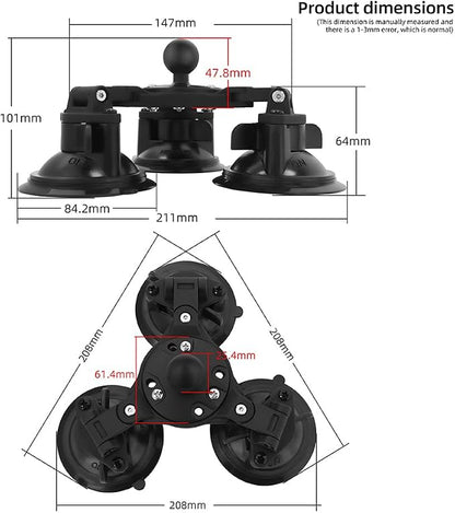 Triple Suction Cup Mount Base with 1-Inch Ball, Adjustable Base Plate, Compatible with RAM Mounts B-Size Double Socket Arms & 25mm Ball Systems
