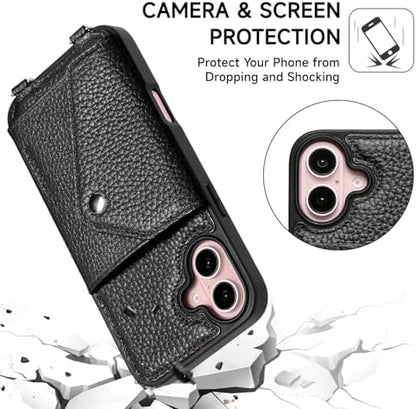 LUCKYCOIN for iPhone 16 Plus Crossbody Wallet Case – Genuine Leather Phone Purse with Adjustable Strap and Card Holder,Lanyard Phone Purse Case for Women,Pebble Grain Black