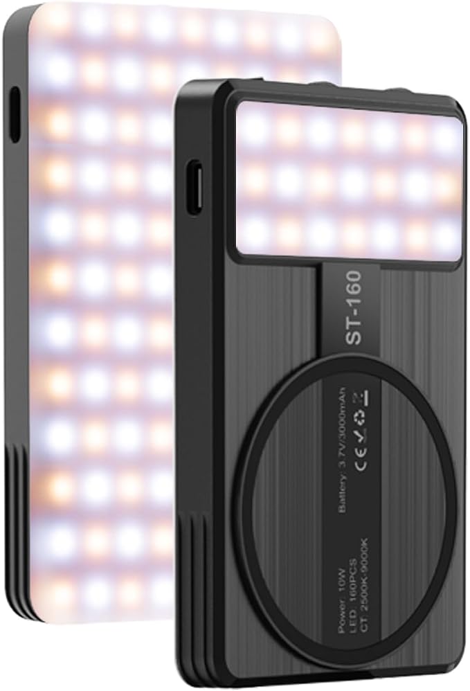 Magnetic Phone Light - 3 Color Temperature, 160 LED Selfie Light with Clip for Phone, Camera, Laptop, iPad, 3000mAh Portable Video Light for TikTok/Vlog,/Zoom Calls,/Makeup (Black)