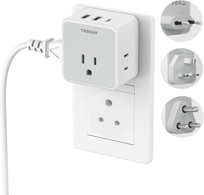 TESSAN European UK Travel Plug Adapter Kit | International Detachable, 3 Outlet 3 USB (1 USB C), Type C/G/E/F/M, US to Europe Greece Italy South Africa Spain Ireland