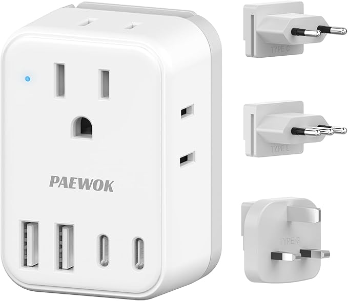 European Travel Plug Adapter Set, 8-in-1 Travel Adapter with 4 Outlets | Universal Travel Adapter, 4 USB Ports (2 USB C), Type G/C/L Detachable Plugs, US to EU/UK Italy, International Power Adapter