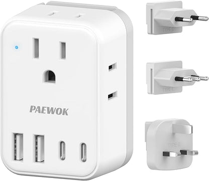 European Travel Plug Adapter Set, 8-in-1 Travel Adapter with 4 Outlets | Universal Travel Adapter, 4 USB Ports (2 USB C), Type G/C/L Detachable Plugs, US to EU/UK Italy, International Power Adapter
