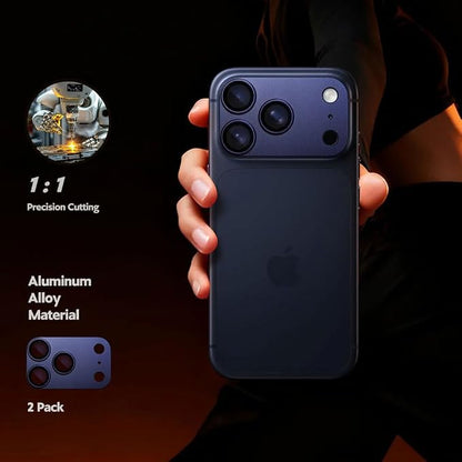 for iphone 17 pro camera protector (2 Pack),Aluminum Alloy Metal matte Case Tempered Glass Camera Screen Protector Accessories (Deep Blue, iPhone 17 Pro)