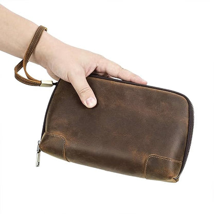 CONTACTS Crazy Horse Leather Travel Electronic Organizer Cables Chargers Accessories Storage Case Holder Clutch Bag