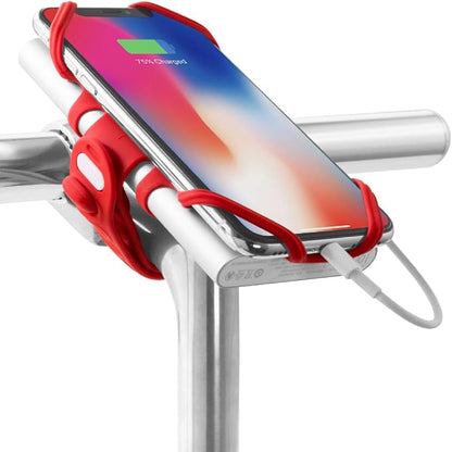 Bone Bike Tie Pro Pack 1, Bike Cell Phone + Charger Mount for Stem, Scratch-Free Silicone Holder, Universal Cycling Phone + Power Bank Holder Compatible with Most Smartphone (Red - 2-in-1 Mount)