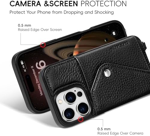 LUCKYCOIN for iPhone 16 Pro Crossbody Wallet Case – Genuine Leather Phone Purse with Adjustable Strap and Card Holder,Lanyard Phone Purse Case for Women,Pebble Grain Black
