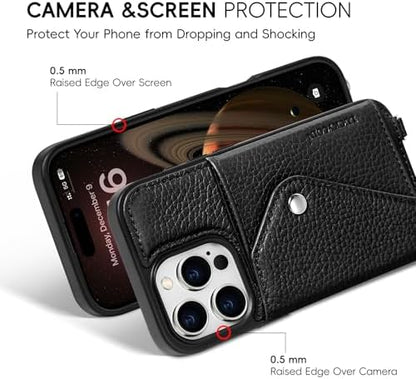 LUCKYCOIN for iPhone 16 Pro Crossbody Wallet Case – Genuine Leather Phone Purse with Adjustable Strap and Card Holder,Lanyard Phone Purse Case for Women,Pebble Grain Black