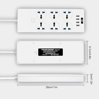 Universal Power Strip with 6 Oulets and 4 USB, 6.5ft Extension Cord 3000W Universal Power Strip Surge Protector 110V-250V Extension Lead for Home Office Dorm Room (White)