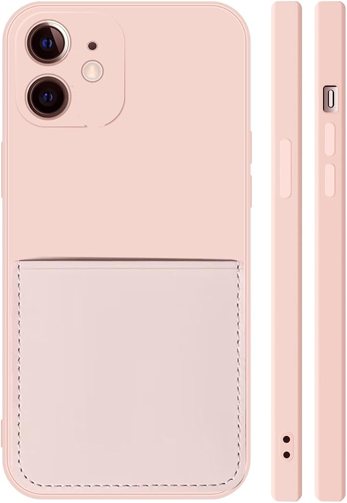 Ultra Slim Liquid Silicon Gel Case Compatible for iPhone 12 mini 5.4 inch 2020 with Card Holder Sleeves Slot Anti-Scratch Shockproof Wallet Cover with Screen Protector (Pink)