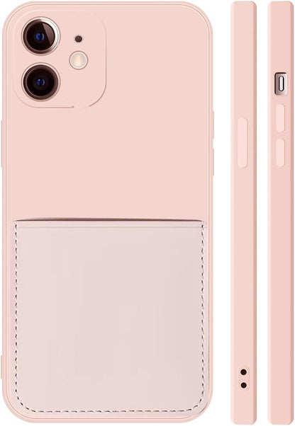 Ultra Slim Liquid Silicon Gel Case Compatible for iPhone 12 mini 5.4 inch 2020 with Card Holder Sleeves Slot Anti-Scratch Shockproof Wallet Cover with Screen Protector (Pink)