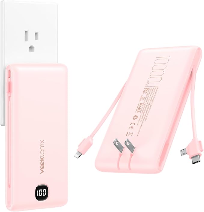 VEEKTOMX Portable Charger with Built in Cables 10000mAh, Power Bank for iPhone with Wall Plug, Travel Essential Fast Charging USB C Slim External Battery Pack for iPhone 17/16/15, Samsung, iPad,etc