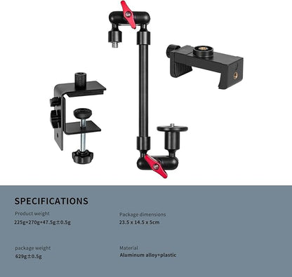 Magic Arm with Clamp, Long Articulating Arm Camera Mount, Adjustable Phone Mount Holder 360° Rotation, Mic Arm for Microphone, LED Lights, for Phone, Tripod, Desk, Table