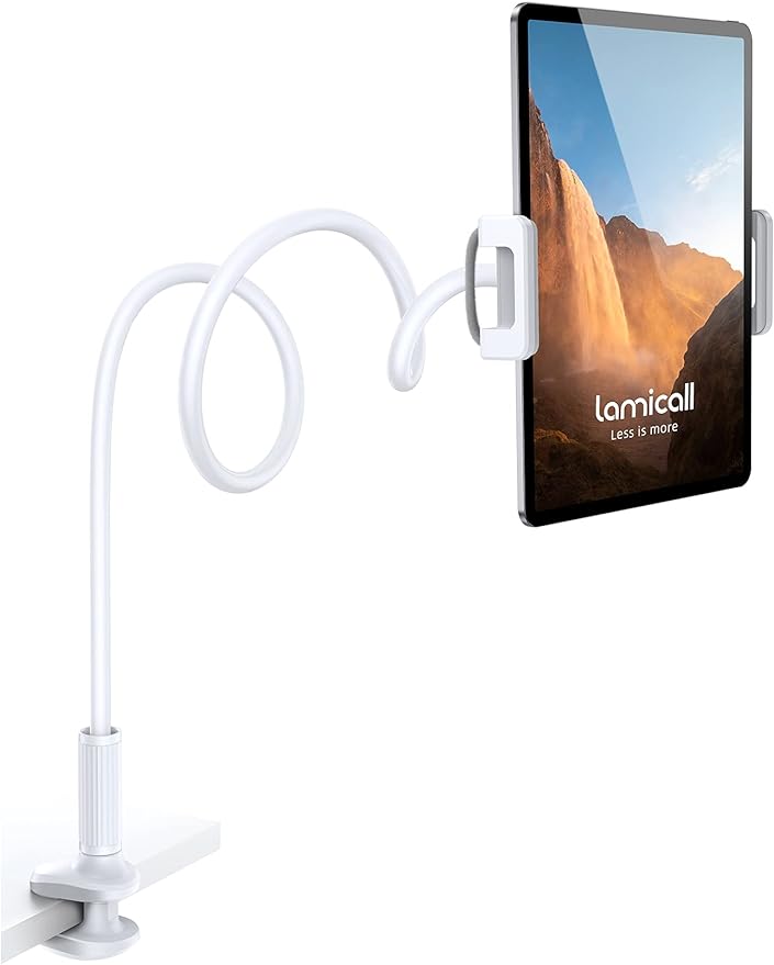 Lamicall Gooseneck Tablet Mount Holder for Bed Flexible Tablet Arm Clamp for Bed, as Gifts Compatible with Pad Pro 10.5, Air 9.7, Mini 7.9, Galaxy Tabs, Switch, More 4.7-11" Device - White