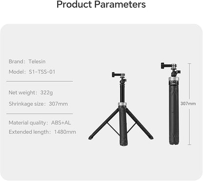 TELESIN 59in Long Selfie Stick Tripod for GoPro,360 Ball Joint Extension Pole Monopod Handle Grip for GoPro Max Hero 13 12 11 10 Insta360 X5 X4 Ace Pro DJI OSMO Namo 360 Action 6 5 Pro 4 Pocket 3 Xtra