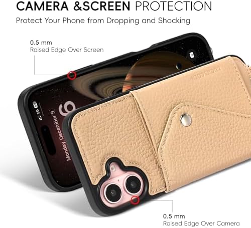 LUCKYCOIN for iPhone 16 Plus Crossbody Wallet Case – Genuine Leather Phone Purse with Adjustable Strap and Card Holder,Lanyard Phone Purse Case for Women,Pebble Grain Beige