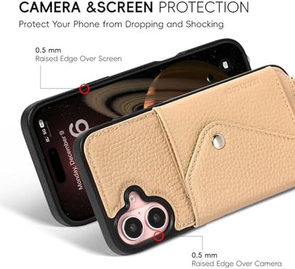 LUCKYCOIN for iPhone 16 Plus Crossbody Wallet Case – Genuine Leather Phone Purse with Adjustable Strap and Card Holder,Lanyard Phone Purse Case for Women,Pebble Grain Beige