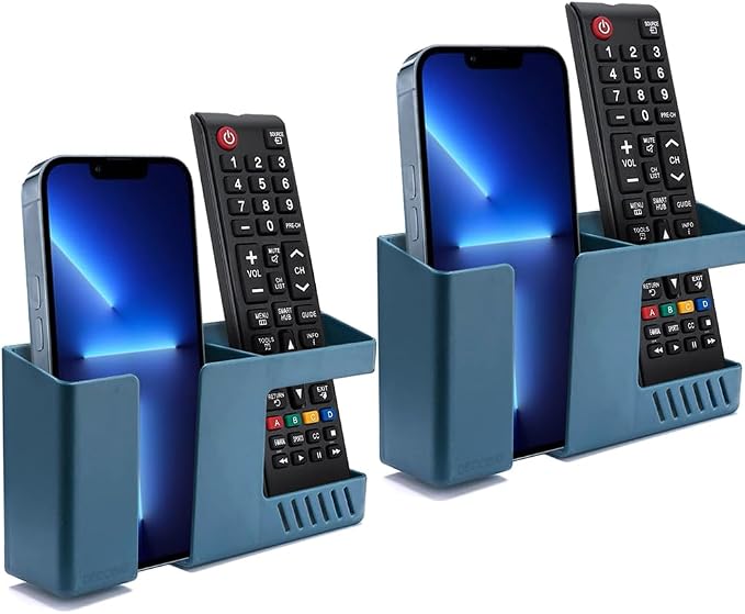 Strong Adhesive Wall Mount Phone Holder D3 Punch-Free Bedside Phone Shelf with Charging Port, Sticky Remote Control Storage Box, Bathroom & Kitchen Wall Organizer (2 Pack-Blue)