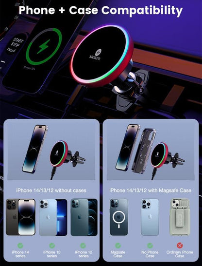 MOKPR for Magsafe Car Mount Charger-15W Wireless Car Charger-Magnetic Car Phone Holder for Dash Air Vent-LED RGB HandsFree Car Mount Fast Car Charger for iPhone 16 15/14/13/12 Series RED