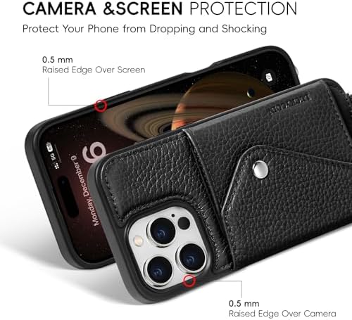 LUCKYCOIN for iPhone 16 Pro Max Crossbody Wallet Case – Genuine Leather Phone Purse with Adjustable Strap and Card Holder,Lanyard Phone Purse Case for Women,Pebble Grain Black