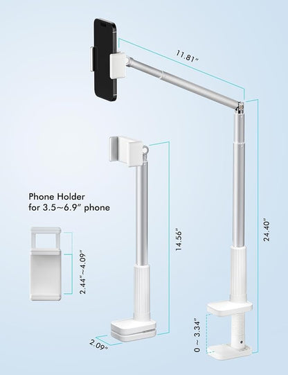 Viozon Phone Holder, Flexible Long Arm,Overhead Mount,360° Angle Adjustable,Aluminum Alloy, C Clamp for Headboard Bedside&Table&Desk,Compatible with 3.5"-6.9" Phone,iPhone 16 15 Plus/Pro Max W