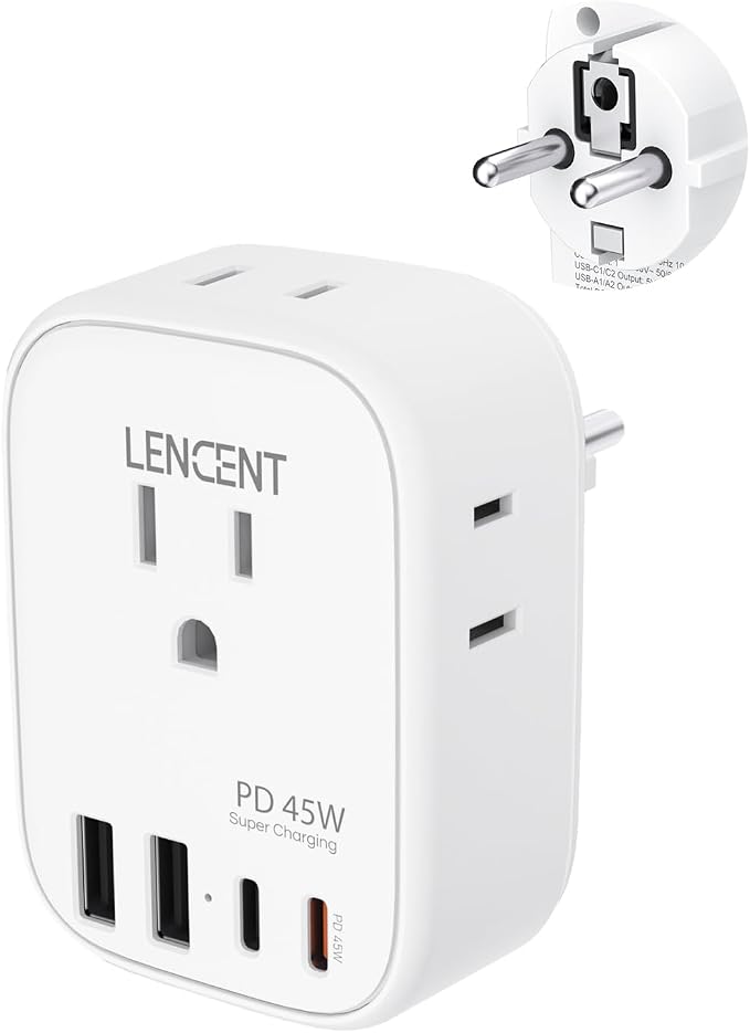 LENCENT Germany France Travel Power Adapter, PD 45W USB C Fast Charger | Schuko Type E F Plug Adapter with 4 Outlets, Travel Essentials for US to Europe EU Spain Greece Russia Germany South Korea