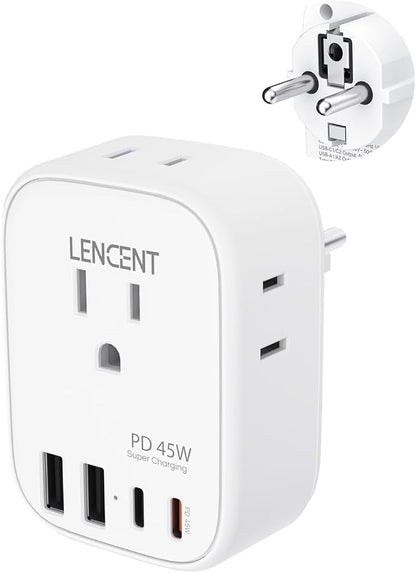 LENCENT Germany France Travel Power Adapter, PD 45W USB C Fast Charger | Schuko Type E F Plug Adapter with 4 Outlets, Travel Essentials for US to Europe EU Spain Greece Russia Germany South Korea