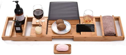 Bath Caddy Bath Rack Adjustable Bamboo Bath Tray with Phone Holder and Wine Glass Holder for Most Bathtubs