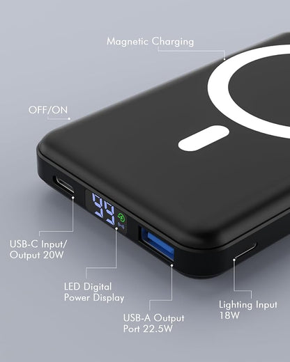 podoru for Magsafe Power Bank, Foldable 10000mAh Wireless Battery Pack with USB-C Cable & LED Display 22.5W PD Fast Charging Magnetic Portable Charger for iPhone 17/16/15/14/13/12 Series-Black