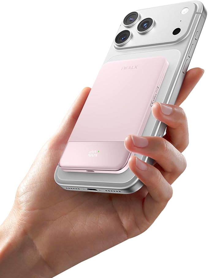 iWALK Magsafe Portable Charger 5,000mAh, Ultra-Slim Magnetic Wireless Power Bank with LED Display, PD 20W USB-C Fast Charging Battery Pack, Compatible with iPhone 17/17 Pro/16/15/14/13 Series, Pink