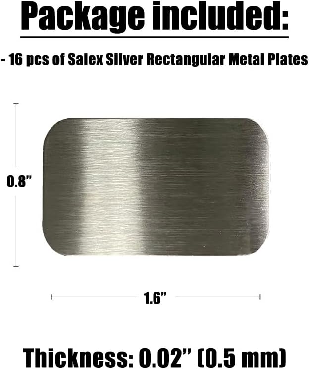 SALEX Replacement Metal Plates Set 16 Pack for Magnetic Mount, Wall, Case, Magnet, Craft - Kit of 16 Matte Silver Small 0.8" x 1.6" Iron Discs Without Holes - 3M Adhesive Backing. 16 Pack