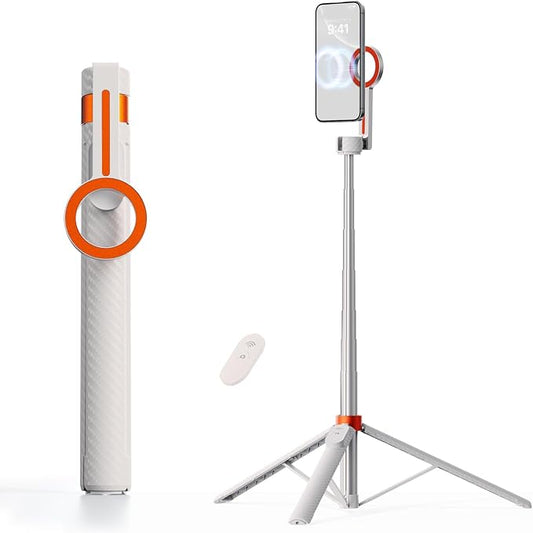 TODI 65" Magnetic Tripod for iPhone with Remote, Selfie Stick for iPhone Magsafe, Cell Phone Tripod Stand for Recording, Travel Tripod Compatible with 16/15/14/13/12 Series (White)