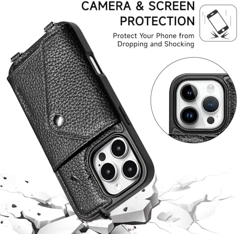LUCKYCOIN for iPhone 16 Pro Crossbody Wallet Case – Genuine Leather Phone Purse with Adjustable Strap and Card Holder,Lanyard Phone Purse Case for Women,Pebble Grain Black