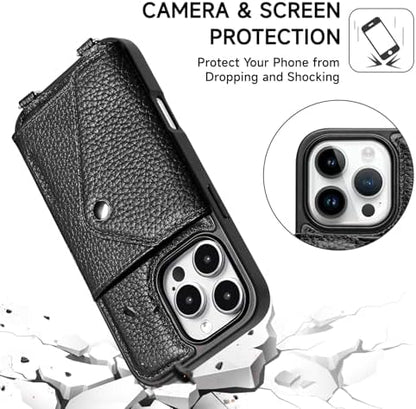 LUCKYCOIN for iPhone 16 Pro Crossbody Wallet Case – Genuine Leather Phone Purse with Adjustable Strap and Card Holder,Lanyard Phone Purse Case for Women,Pebble Grain Black
