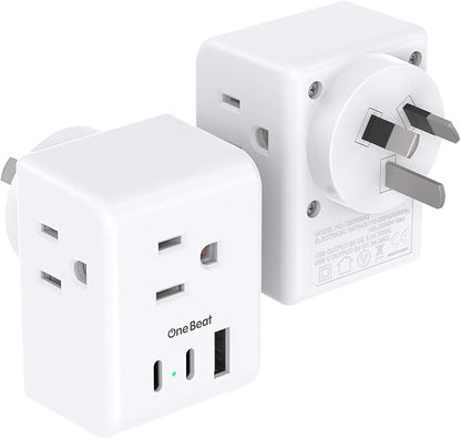 One Beat 2 Pack Australia New Zealand Travel Plug Adapter, Type I Plug Adapter with 3 American Outlets and 3 USB Ports (2 USB-C), Travel Essentials for USA to Australia, Argentina, China, Fiji