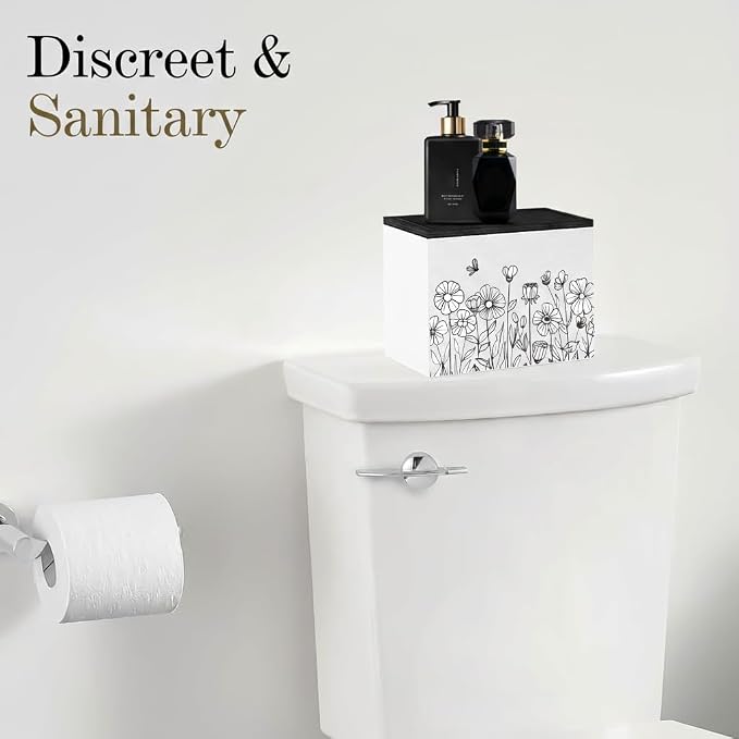HOTCAN Discreet Tampon Holder for Bathroom with Vanity Tray Lid, Tampon Organizer for bathroom for Wall or Countertop Mount, Wood Pad Dispenser, Feminine Product Organizer (Floral)