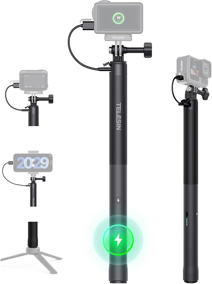 TELESIN Power Grip Selfie Stick for DJI OSMO Namo Action 6 5 Pro 4 3,GoPro Hero 13 12 11,Insta360 X5 X4 Action Camera & Phone, 40.16"Extension Charging Handle Grip, Portable Battery Power Selfie Pole