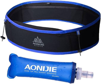 AONIJIE Running Belt Fanny Pack with 250ml Soft Water Bottle Flask for Women Men, Moisture Wicking Waist Pack Great for Marathon Climbing Jogging Cycling, for 6.8in Mobile Phone (Black Blue: S/M)