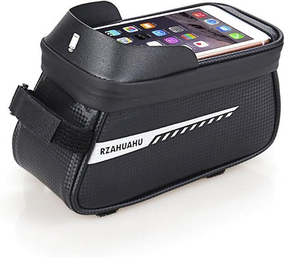 Bike/Bicycle Phone Holder Bag, Bicycle Front Frame Bag, Waterproof Tube Bag, Bike Accessories, Cycling Pouch with TPU Touch-Screen& Sun-Visor Compatible Phone Under 6.5” (Black)