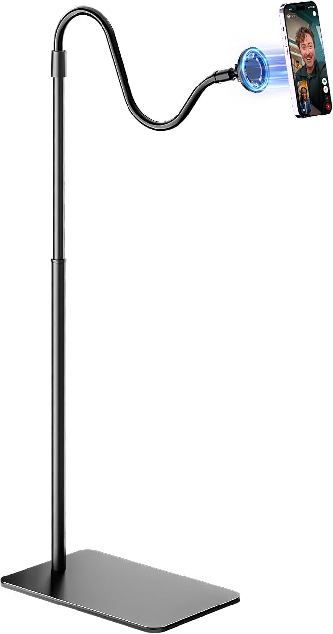 Magnetic Gooseneck Phone Holder for Bed Laying Down, Height Adjustable Bedside Floor Stand with Flexible Arm for iPhone Tiktok Scrolling, Headboard Phone Mount for Reading