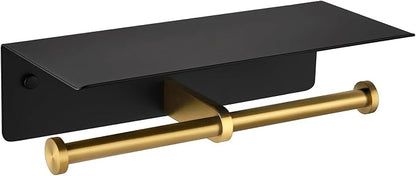 APLusee Double Toilet Paper Holder with Phone Shelf Black & Gold, 304 Stainless Steel Tissue Paper Roll Storage Dispenser, Wall Mounted