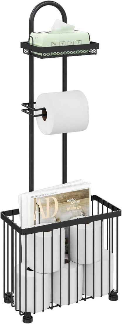 X-cosrack Freestanding Toilet Paper Holder Toilet Tissue Rack Scroll Stand Roll Dispenser with Storage Shelf Reserve for Phone Tablet Magazine Bathroom Organizer Bath Tissue Organizer (Black)