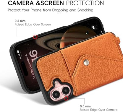 LUCKYCOIN for iPhone 16 Crossbody Wallet Case – Genuine Leather Phone Purse with Adjustable Strap and Card Holder,Lanyard Phone Purse Case for Women,Pebble Grain Brown