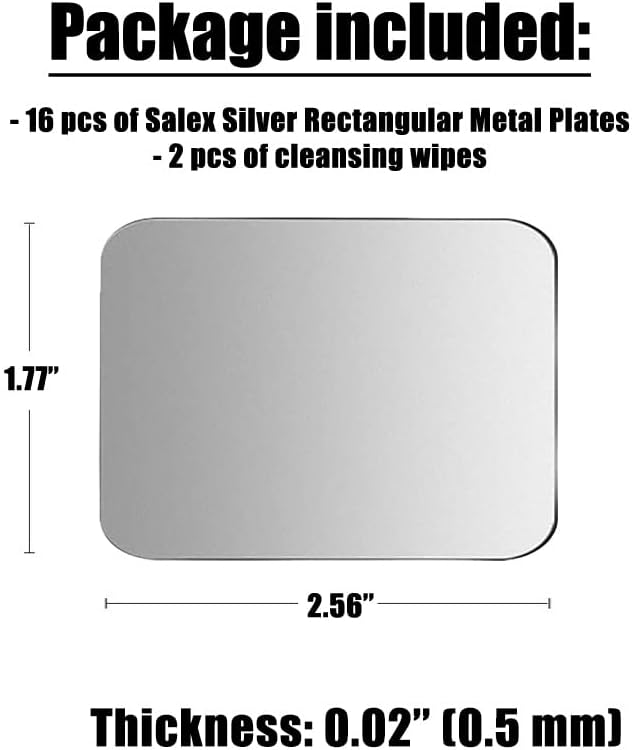 SALEX Phone Metal Stickers for Magnetic Mount. Replacement Set of 16 Magnet Metal Plates Inside Cell Phone Case. Silver Sticky 3M Adhesive Backing Car Small Rectangular Iron Discs for Holder Crafts