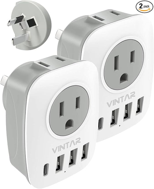 2 Pack Australia New Zealand Power Plug Adapter, VINTAR Australia Travel Adapter with 1 USB C,3 USB Ports and 2 American Outlets, 6 in 1 Type I Plug Adapter for US to Australia, Argentina, China