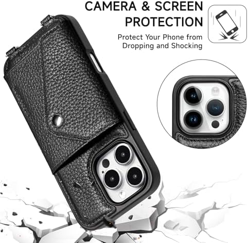 LUCKYCOIN for iPhone 16 Pro Max Crossbody Wallet Case – Genuine Leather Phone Purse with Adjustable Strap and Card Holder,Lanyard Phone Purse Case for Women,Pebble Grain Black