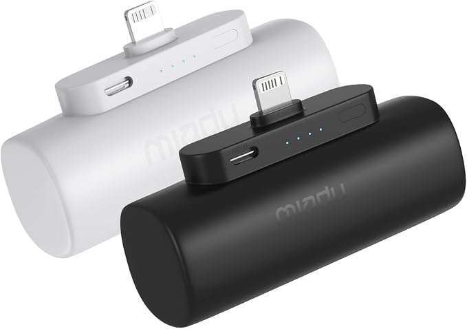 Miady 2-Pack Mini Portable Charger Built-in Connector Compact Battery Pack | 5000mAh PowerBank丨Not for Android丨Lightweight丨for Travel丨Compatible with iPhone 14/13 Series丨Flight-Safe丨18Wh丨Black+White