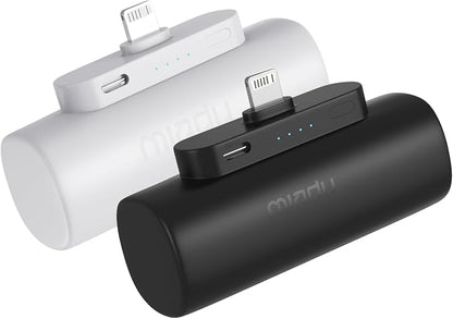 Miady 2-Pack Mini Portable Charger Built-in Connector Compact Battery Pack | 5000mAh PowerBank丨Not for Android丨Lightweight丨for Travel丨Compatible with iPhone 14/13 Series丨Flight-Safe丨18Wh丨Black+White