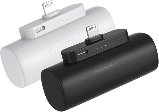 Miady 2-Pack Mini Portable Charger Built-in Connector Compact Battery Pack | 5000mAh PowerBank丨Not for Android丨Lightweight丨for Travel丨Compatible with iPhone 14/13 Series丨Flight-Safe丨18Wh丨Black+White