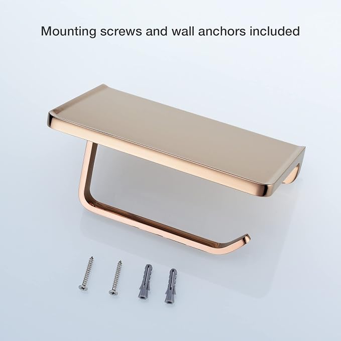 TRUSTMI Toilet Paper Holder with Phone Shelf, Bathroom Accessories Tissue Roll Dispenser Storage Wall Mounted, Plated Rose Gold
